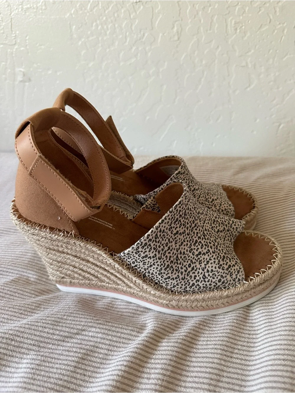 Toms Leopard Print Espadrille Wedges with Tan Ankle Strap